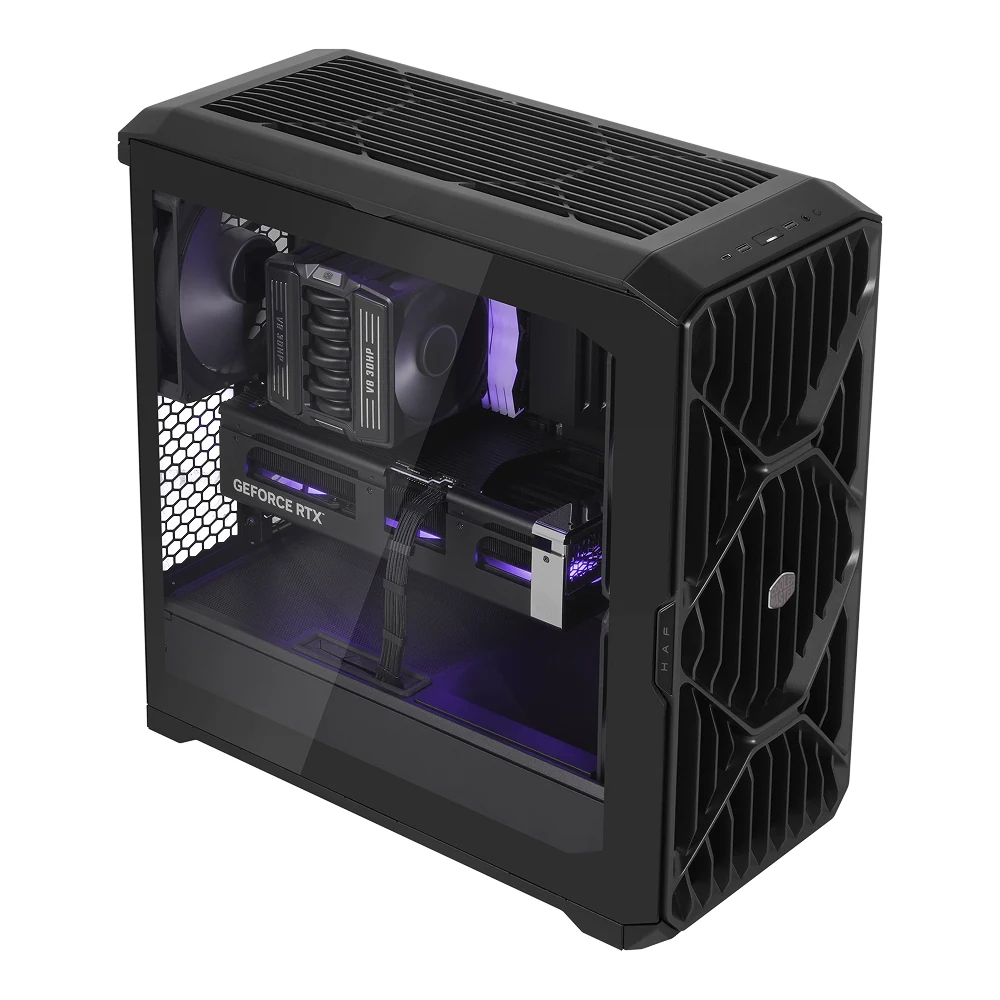 A black computer case with a side panel showing internal components, including a GeForce RTX graphics card and cooling fans.
