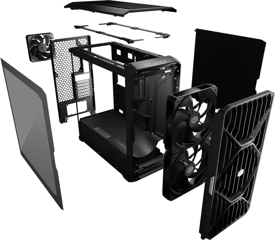 The product is a black computer case with various components and fans displayed around it, photographed from a side profile.