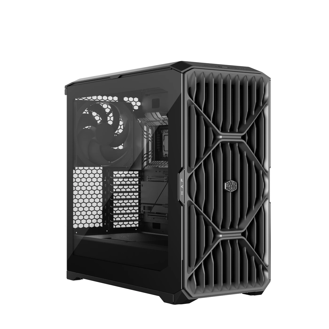 The Cooler Master HAF II 500 case is shown from a three-quarter angle, highlighting its side panel and front fan.