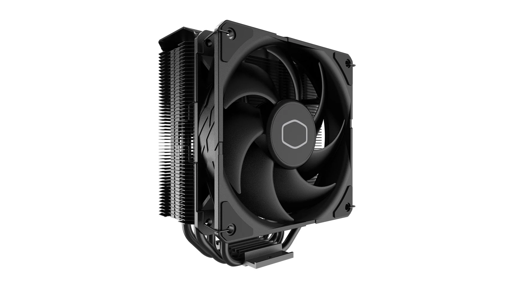 A black CPU cooler with a large fan and heat sink, photographed from a three-quarter angle.