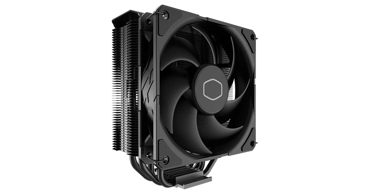 A black CPU cooler with a large fan and heat sink, photographed from a three-quarter angle.