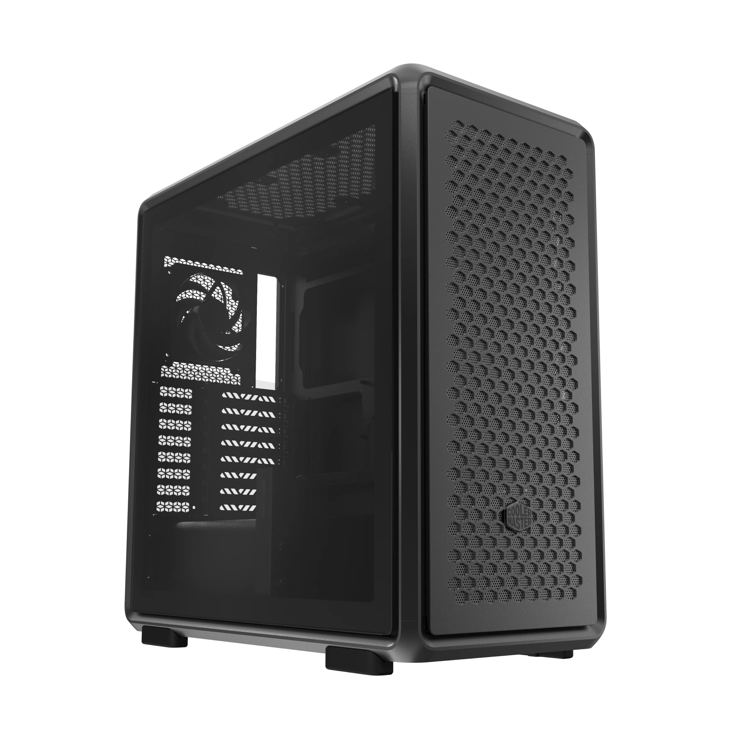 A black computer case with a front panel featuring a fan and perforated ventilation, photographed from the side.