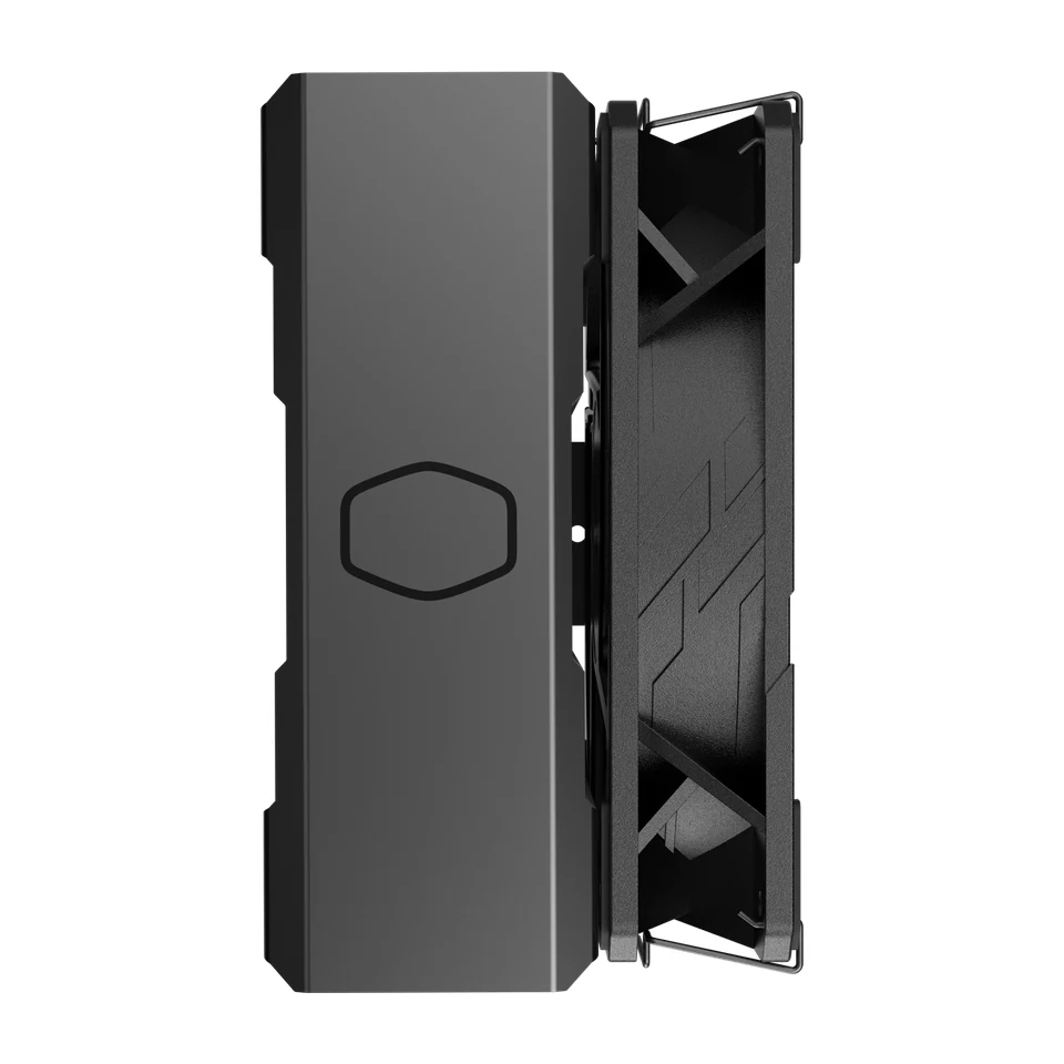 The product is photographed from a side profile, showcasing its black finish and geometric design.