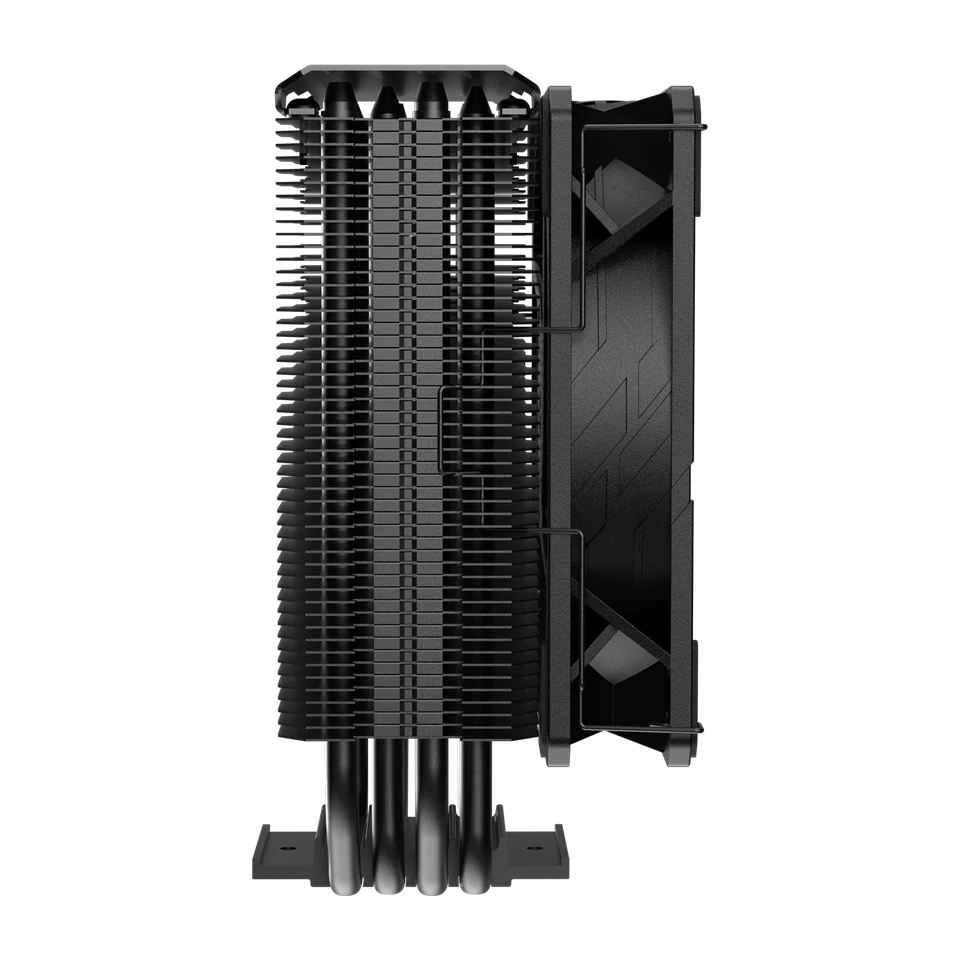 The Cooler Master Hyper 212 Black is shown from a rear view, highlighting its heat sink and mounting brackets.