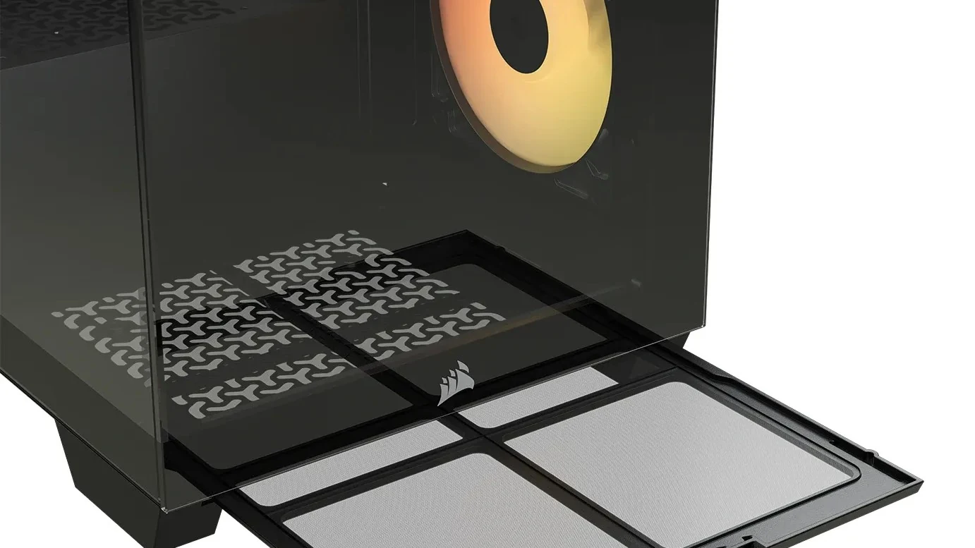 The image shows a Corsair case with a top-down view, featuring two ARGB fans and a textured interior.
