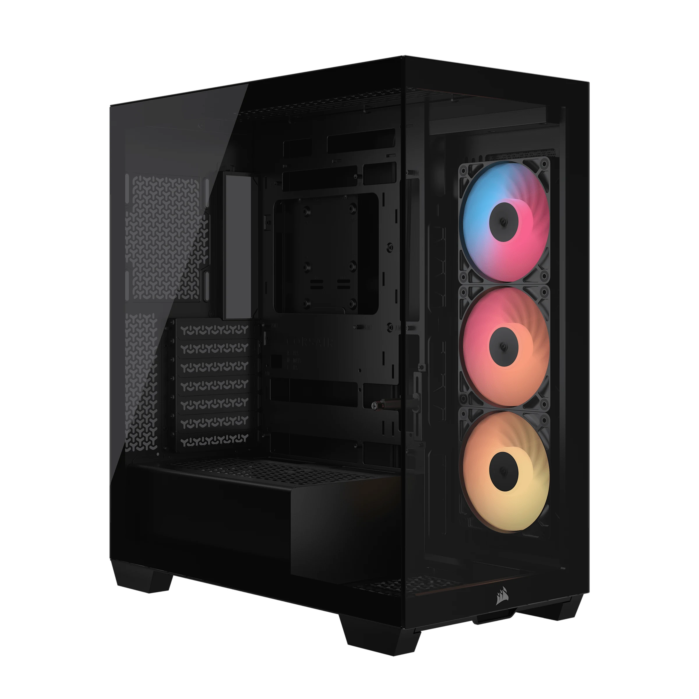 The product is a black Corsair 3500X RS ARGB case viewed from the front, showcasing its side panels and three RGB fans.