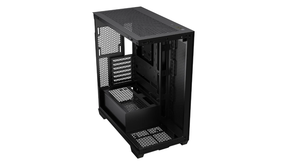 A black computer case with a side panel removed, revealing internal components and mesh ventilation.