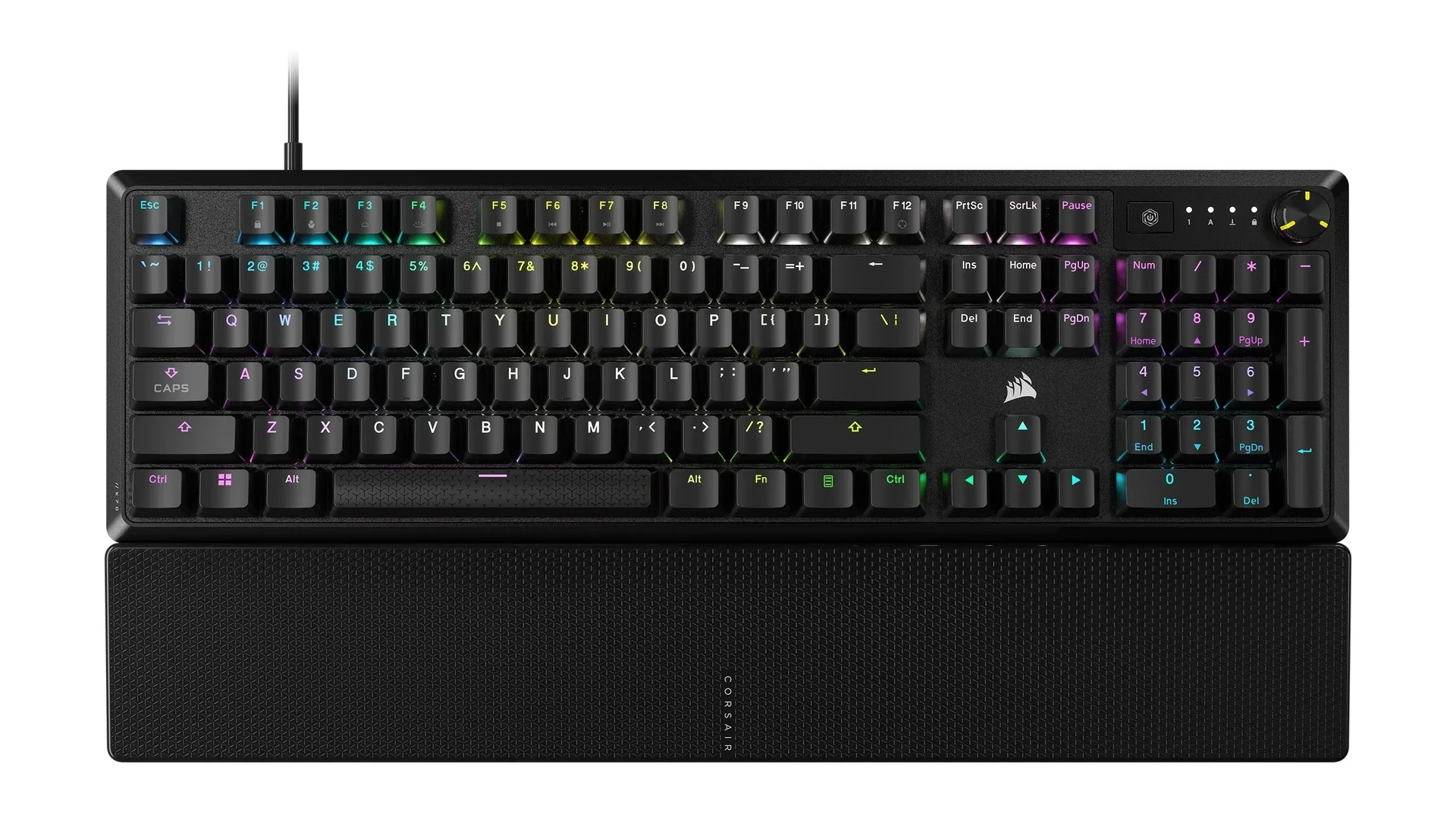 A Corsair K70 CORE RGB keyboard with a black finish, top-down view showing the keycaps and wrist rest.