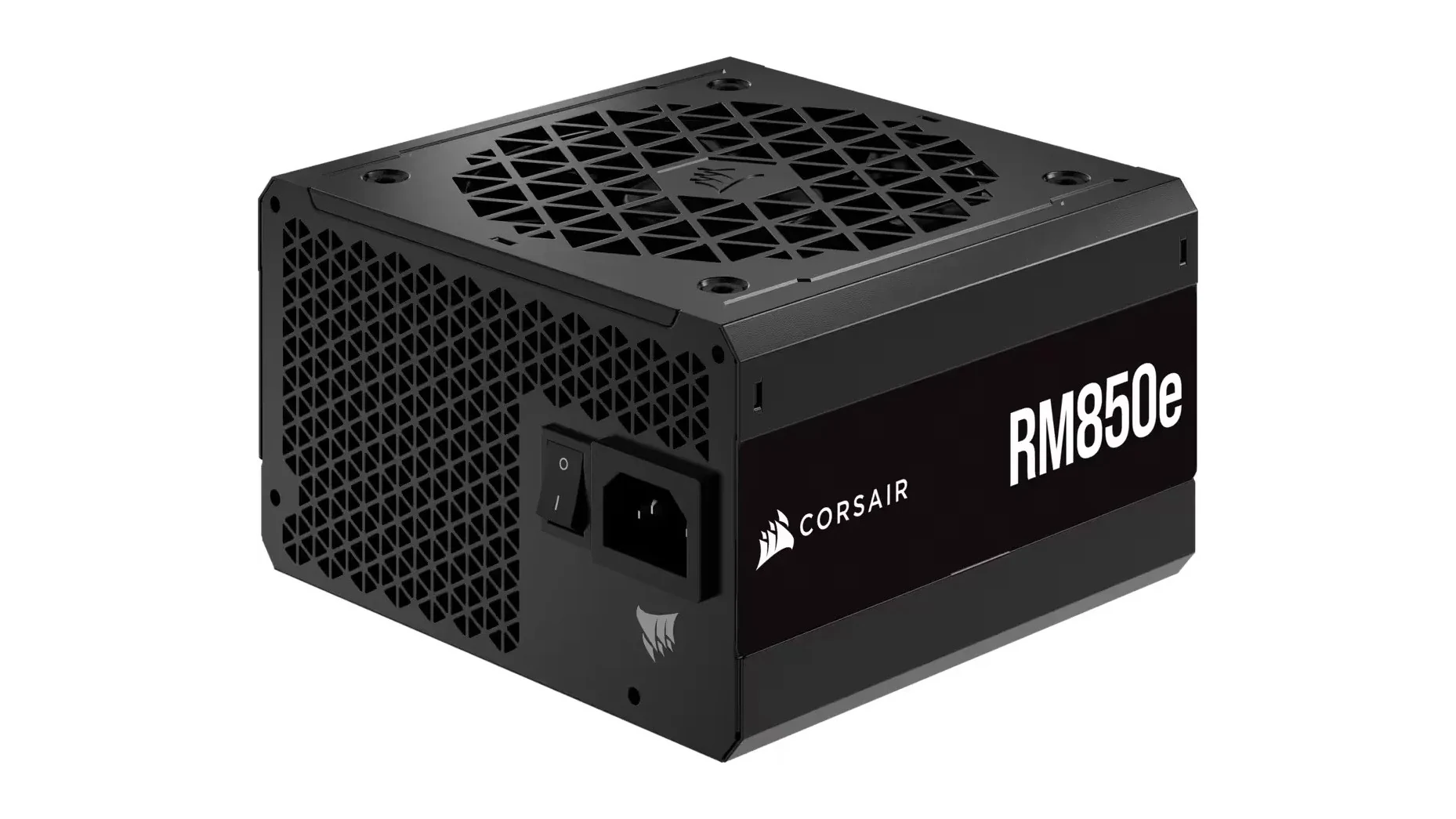 A black Corsair RM850e power supply with a textured front panel and visible power button.