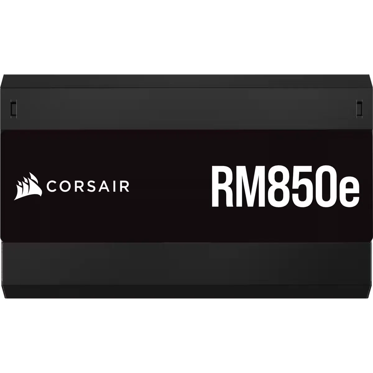 The Corsair RM850e power supply is shown from a three-quarter angle, highlighting its black finish and the white branding on the front.