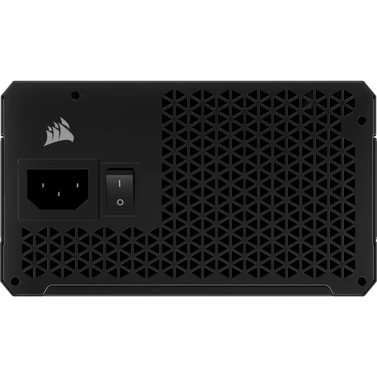 The Corsair RM850e power supply is photographed from behind, focusing on the rear panel with a visible power switch and power connector.