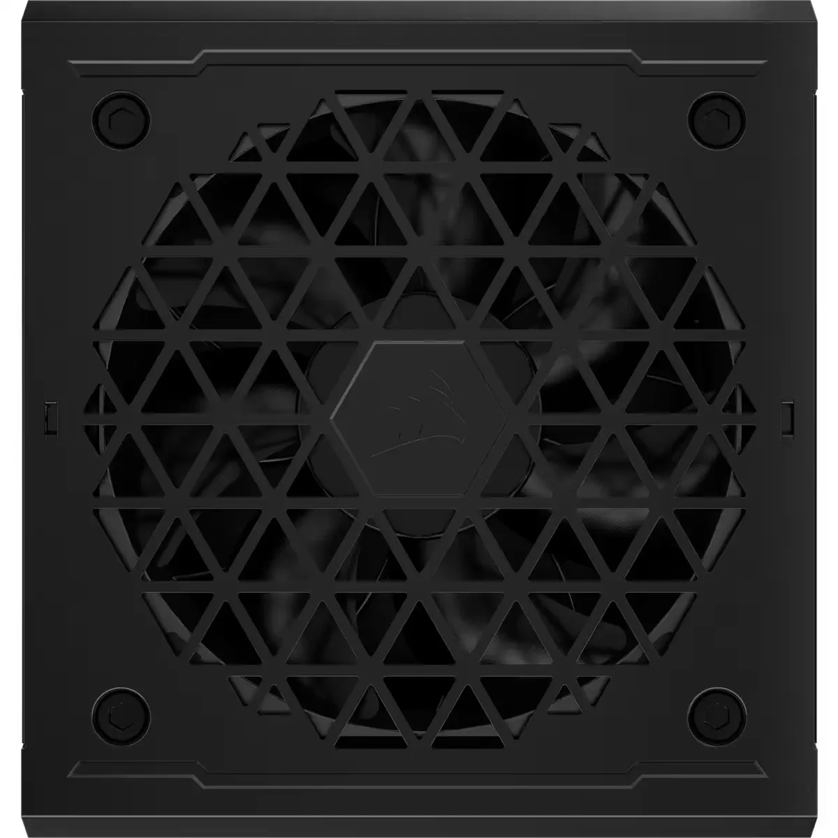 The Corsair RM850e power supply is photographed from behind, showing its rear panel with a triangular vent design and two hexagonal screws.