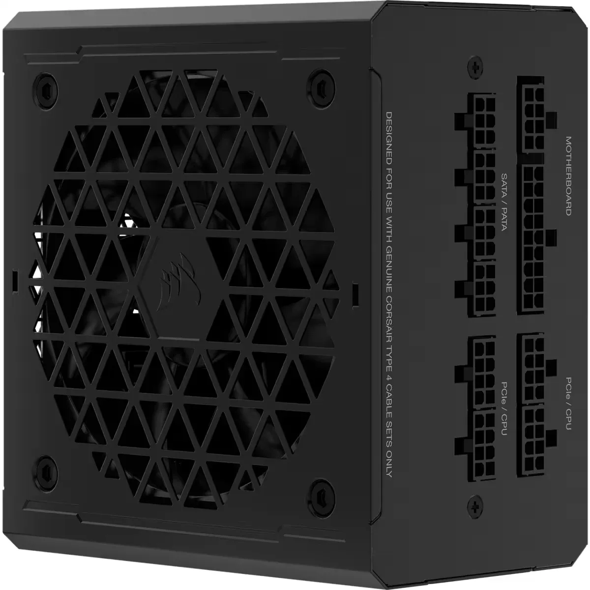 A black power supply with a triangular vent pattern on the front and various connectors labeled for motherboard, SATA/PATA, PCIe/CPU.