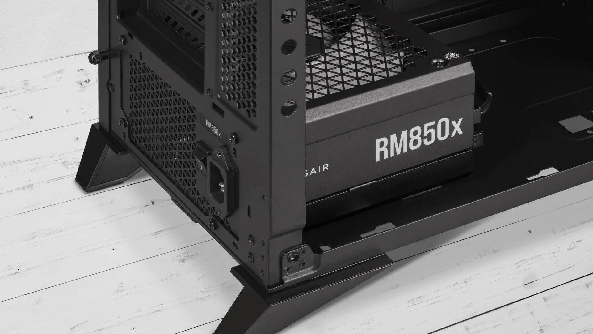 The Corsair RM850x power supply is shown in a side profile, with its model name clearly visible on the front panel.