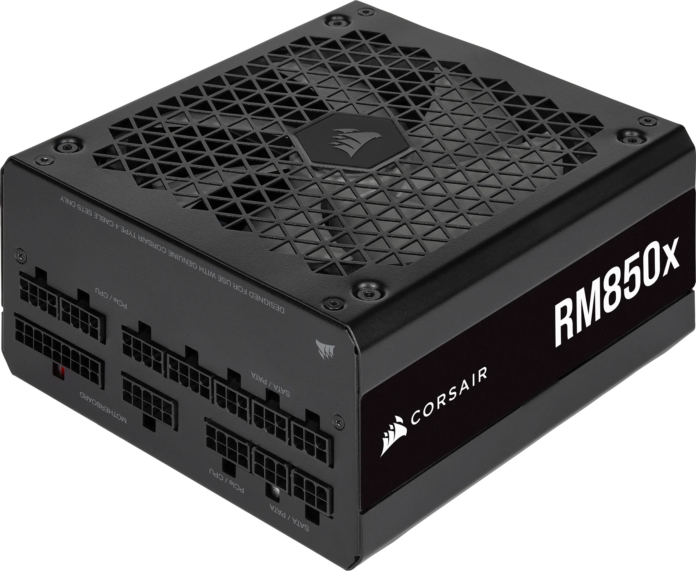 The Corsair RM850x power supply is shown from a three-quarter angle, highlighting its ports and branding.