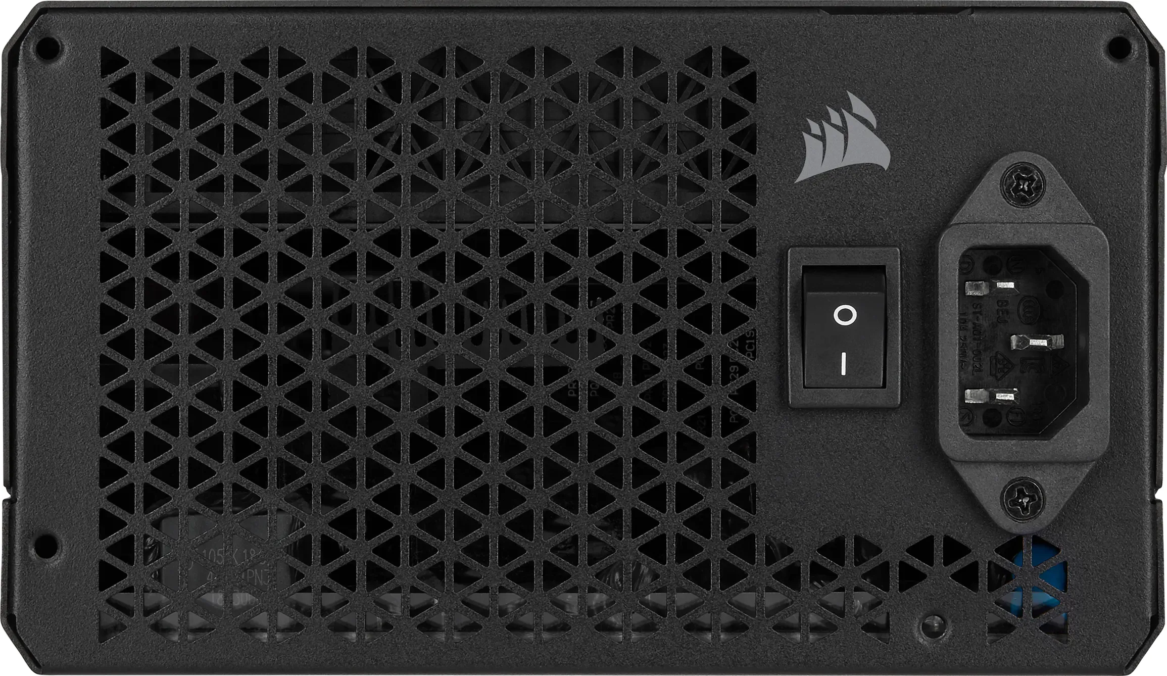 The Corsair RM850x power supply is shown from a rear view, highlighting the ventilation holes and power switch.
