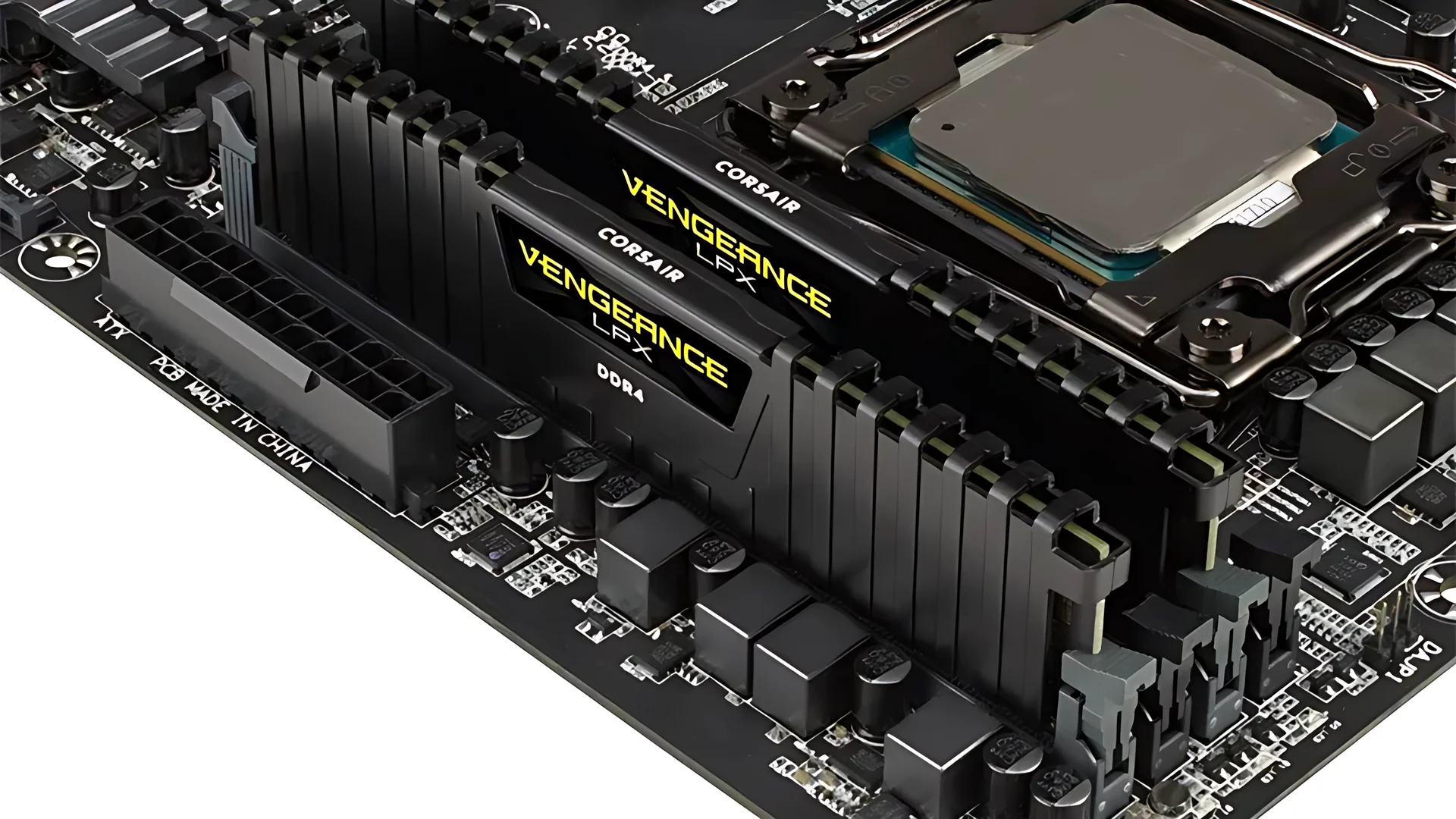 The image shows a Corsair Vengeance LPX DDR4 memory module installed on a motherboard, with the brand name and model details prominently displayed.