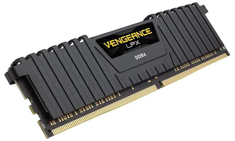 The Corsair Vengeance LPX DDR4 3200MHz memory stick is shown in a side profile, highlighting its black color and textured surface.