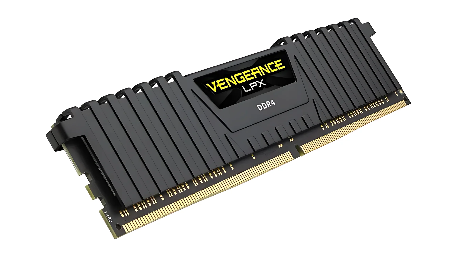 A black Corsair Vengeance LPX DDR4 memory stick with a yellow label showing 'VENGEANCE' and 'LPX', placed at an angle against a gradient background.