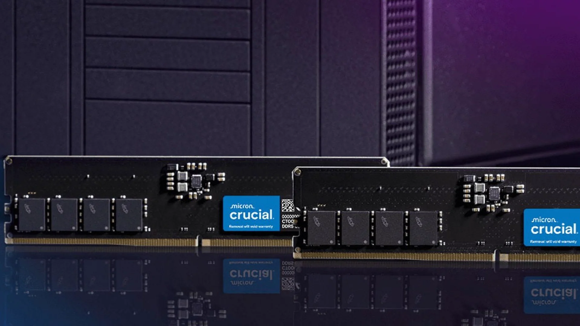 A Crucial memory module is shown in a side profile, highlighting its compact size and the 'micron.crucial' label on one end.