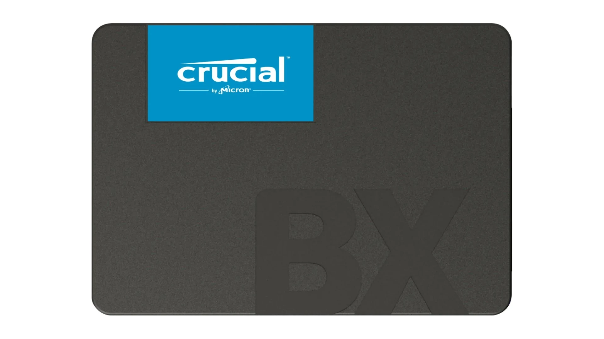 The Crucial BX500 SSD is shown in a top-down view with the 'BX' logo prominently displayed on its surface.