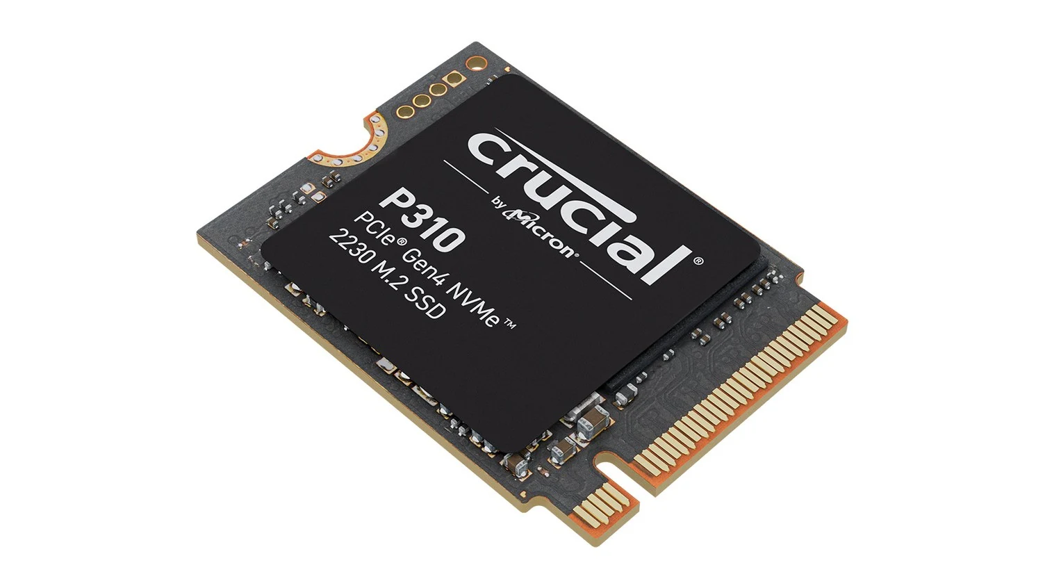 A Crucial P310 SSD in a top-down view, showing its M.2 form factor and key specifications.