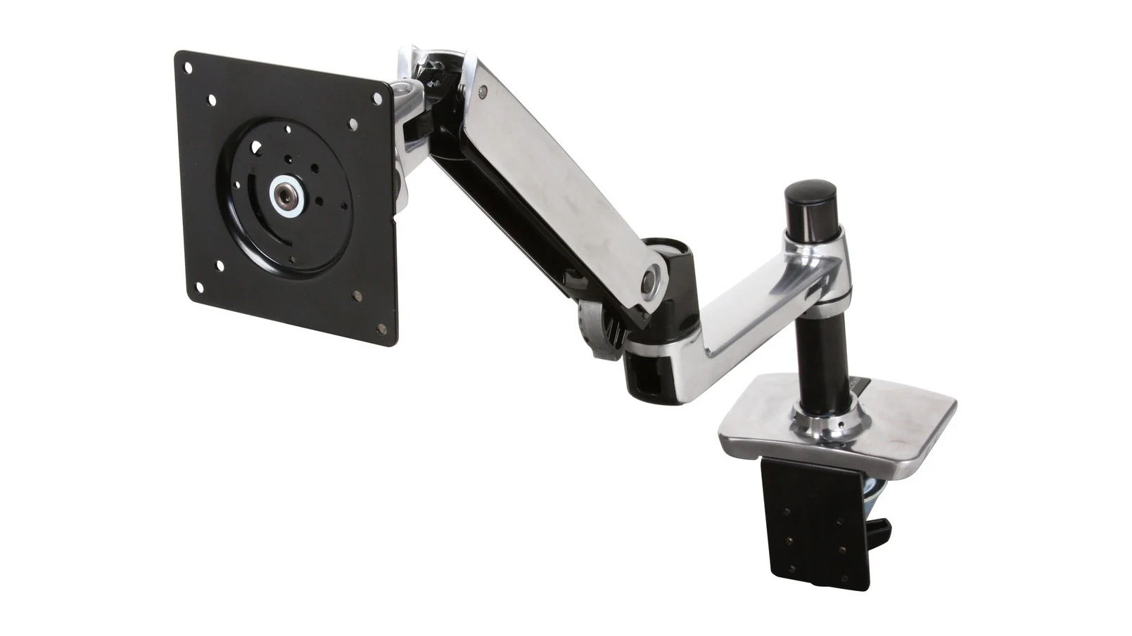 The polished aluminum Ergotron LX desk mount arm with a black VESA plate, shown three-quarter on its pole and desk clamp.