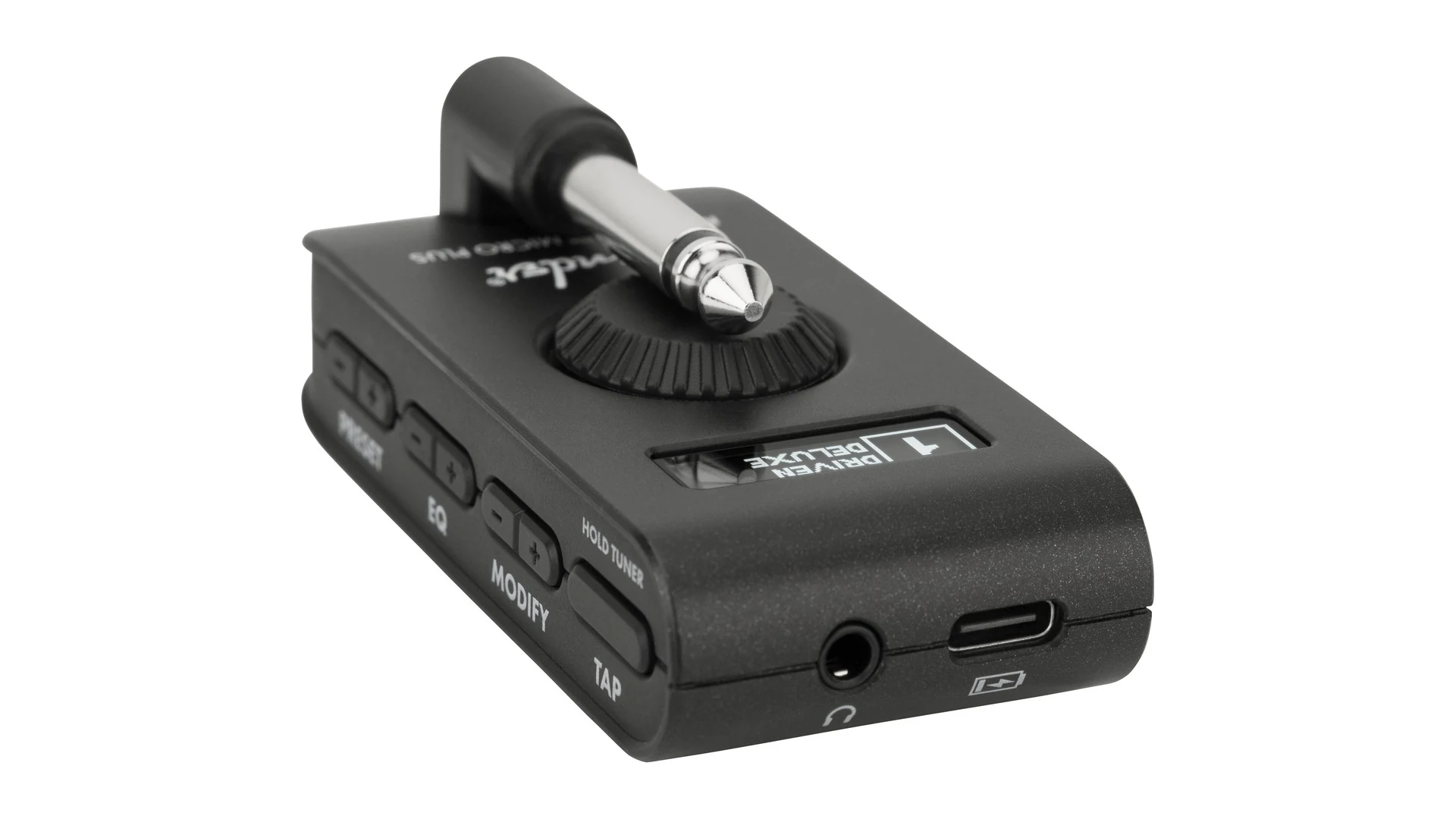 A black device with a microphone attached, featuring buttons labeled 'PRESET', 'EQ', and 'MODIFY', as well as a display screen showing 'DRIVEN DELUXE'.