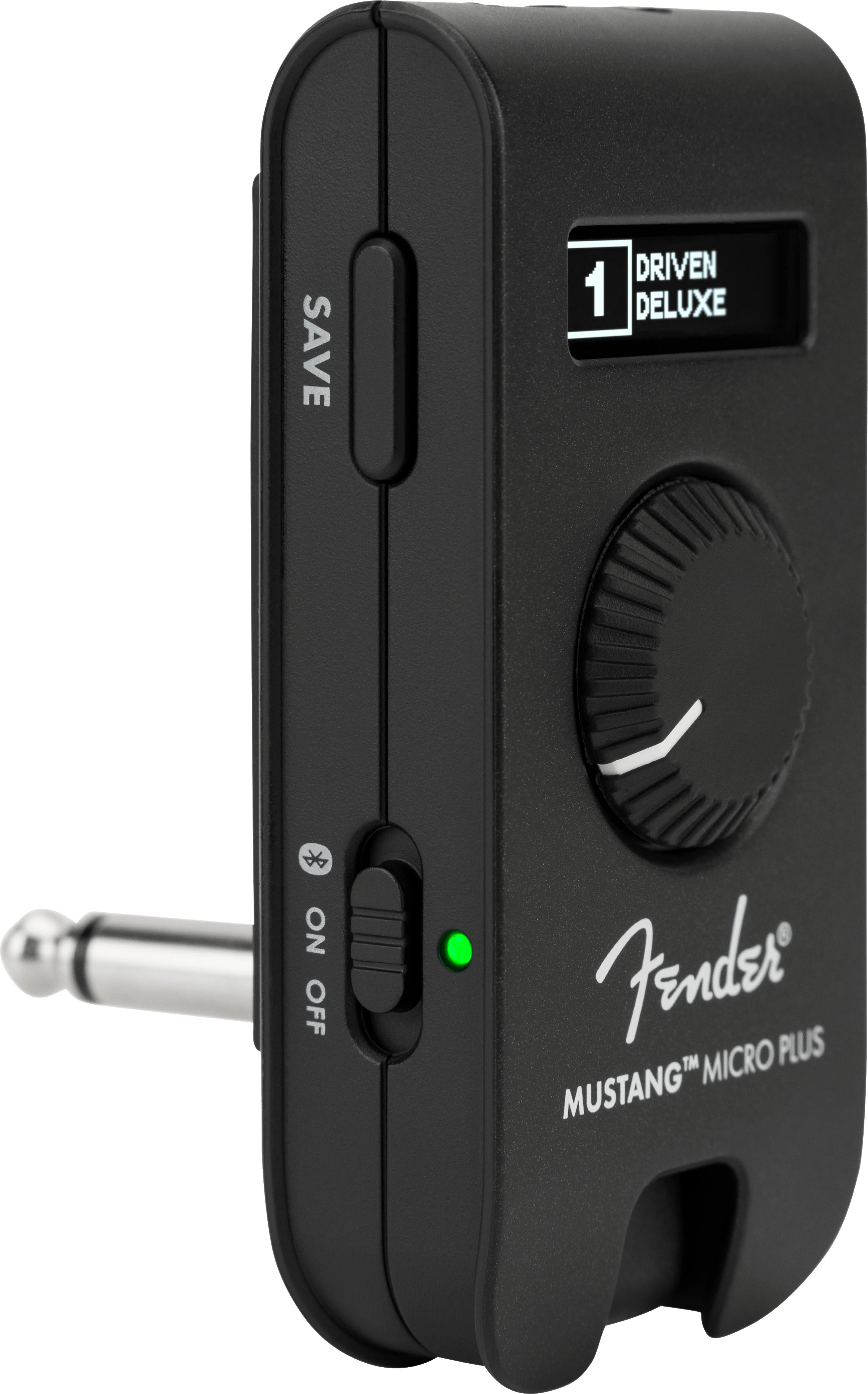 The Fender Mustang Micro Plus is shown in a side profile, highlighting its control panel and input jack.