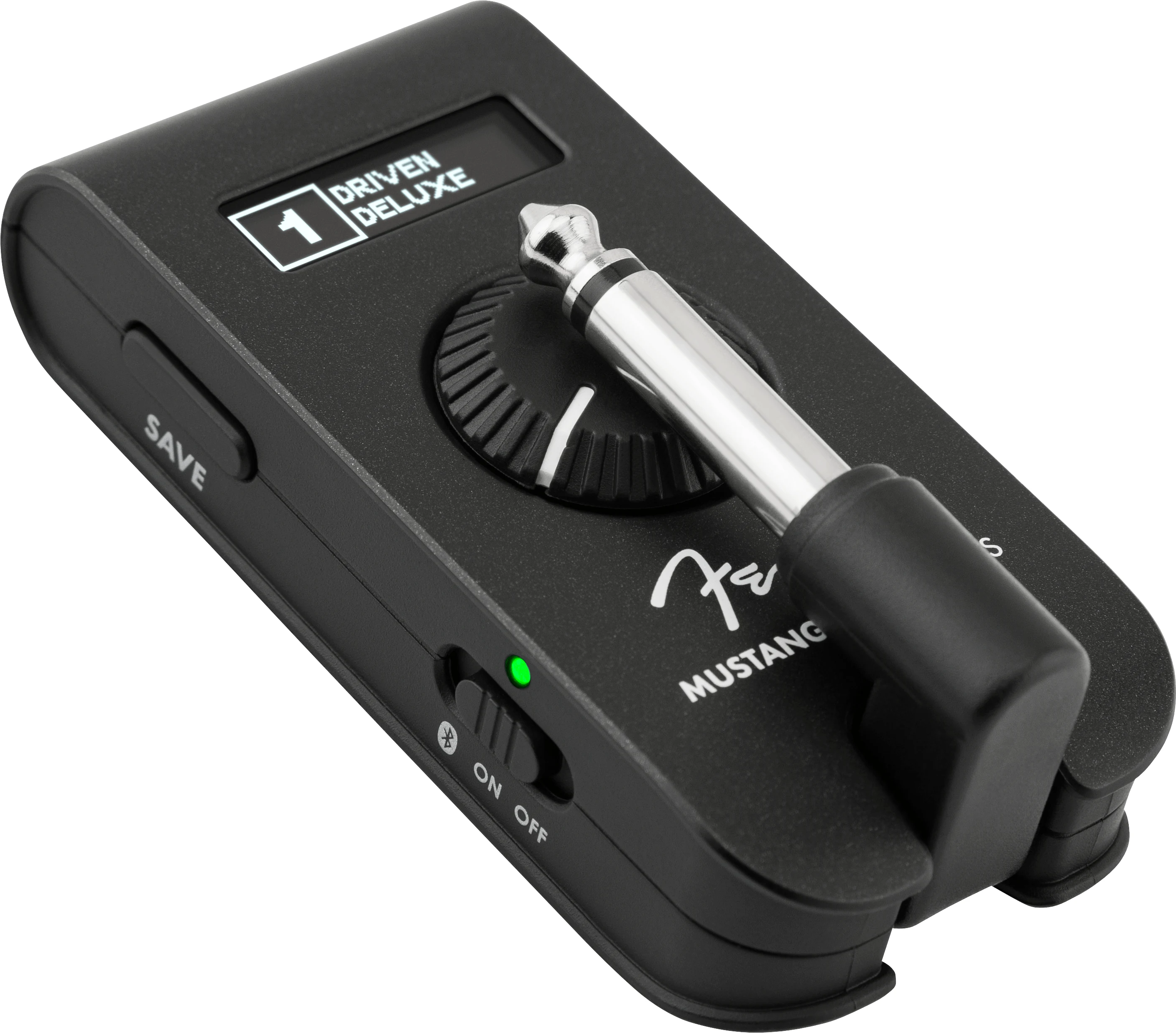 A black Fender Mustang Micro Plus device with a silver jack, a 'SAVE' button, and an 'ON OFF' switch visible.
