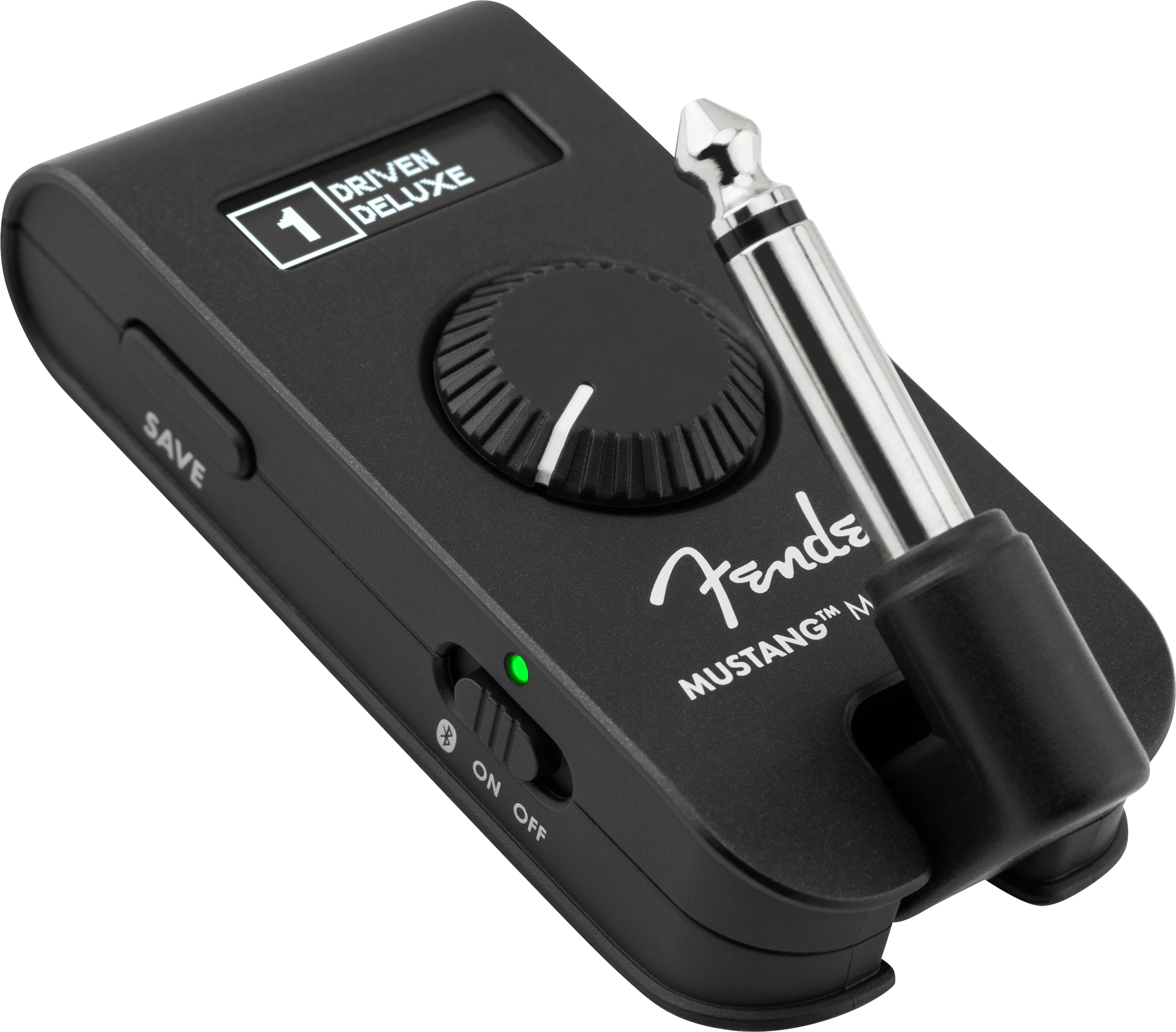 The Fender Mustang Micro Plus is shown in a side profile, highlighting its control knob and input jack.