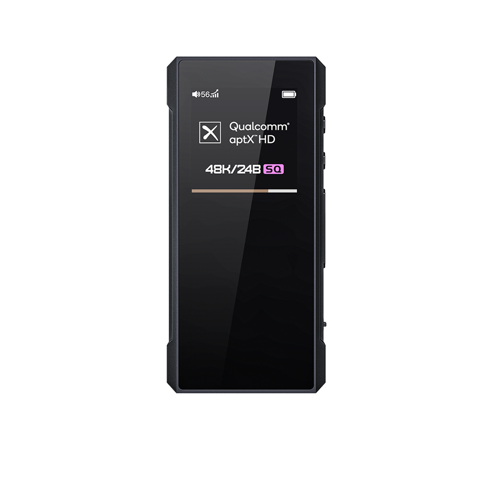 A black portable audio device with a glossy finish, viewed from the front.