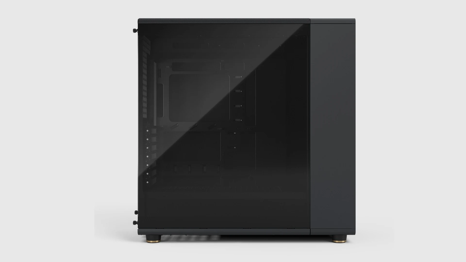 A black computer case with a clear side panel, photographed from the front.