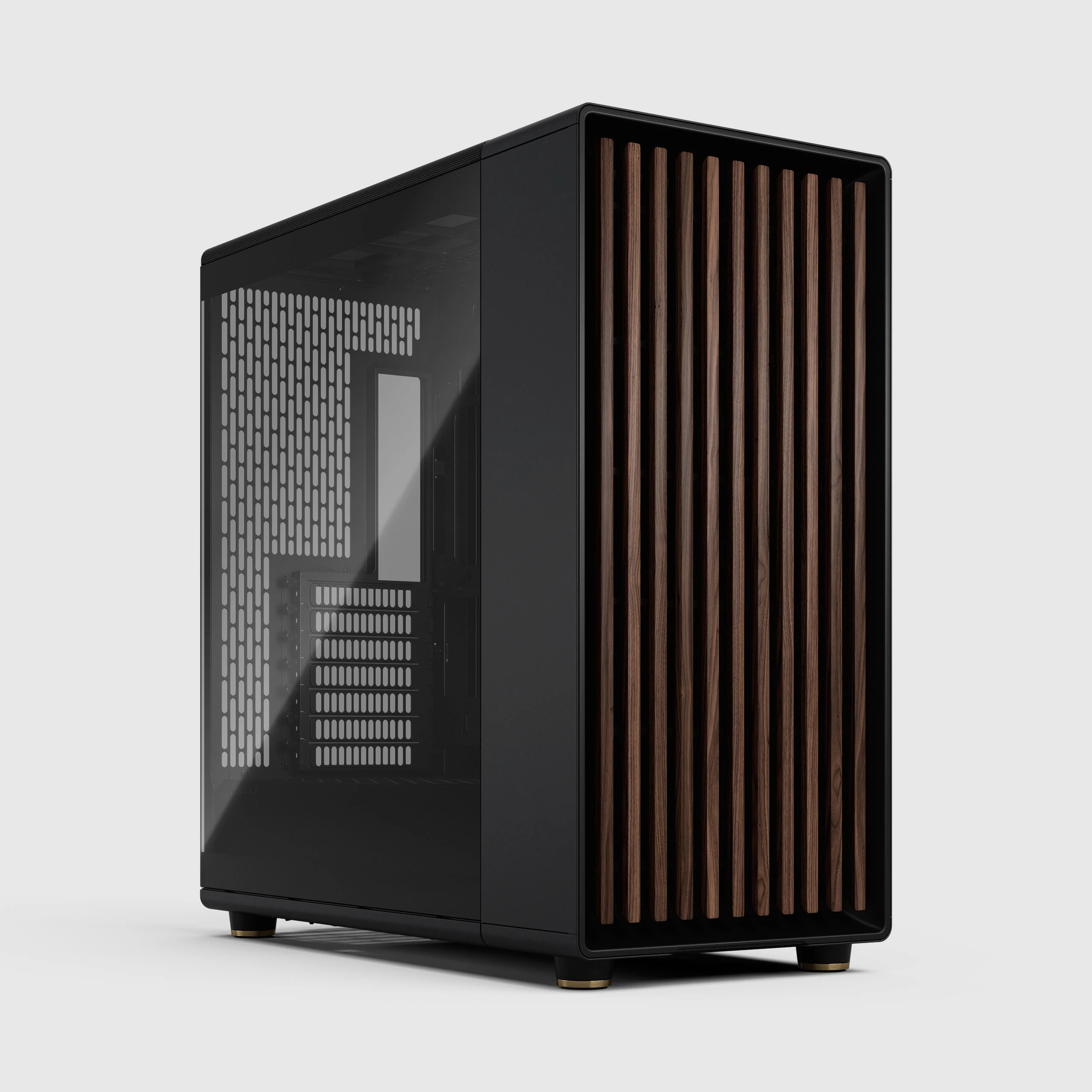 A black computer case with a wooden panel on the side, photographed from a three-quarter angle.
