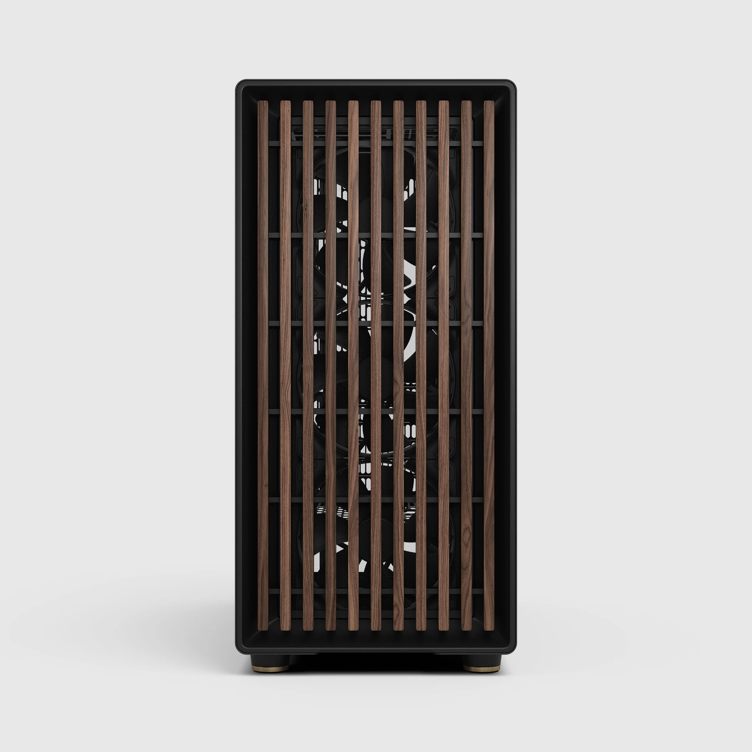 A black computer case with wooden slats on the front, photographed from a three-quarter angle.