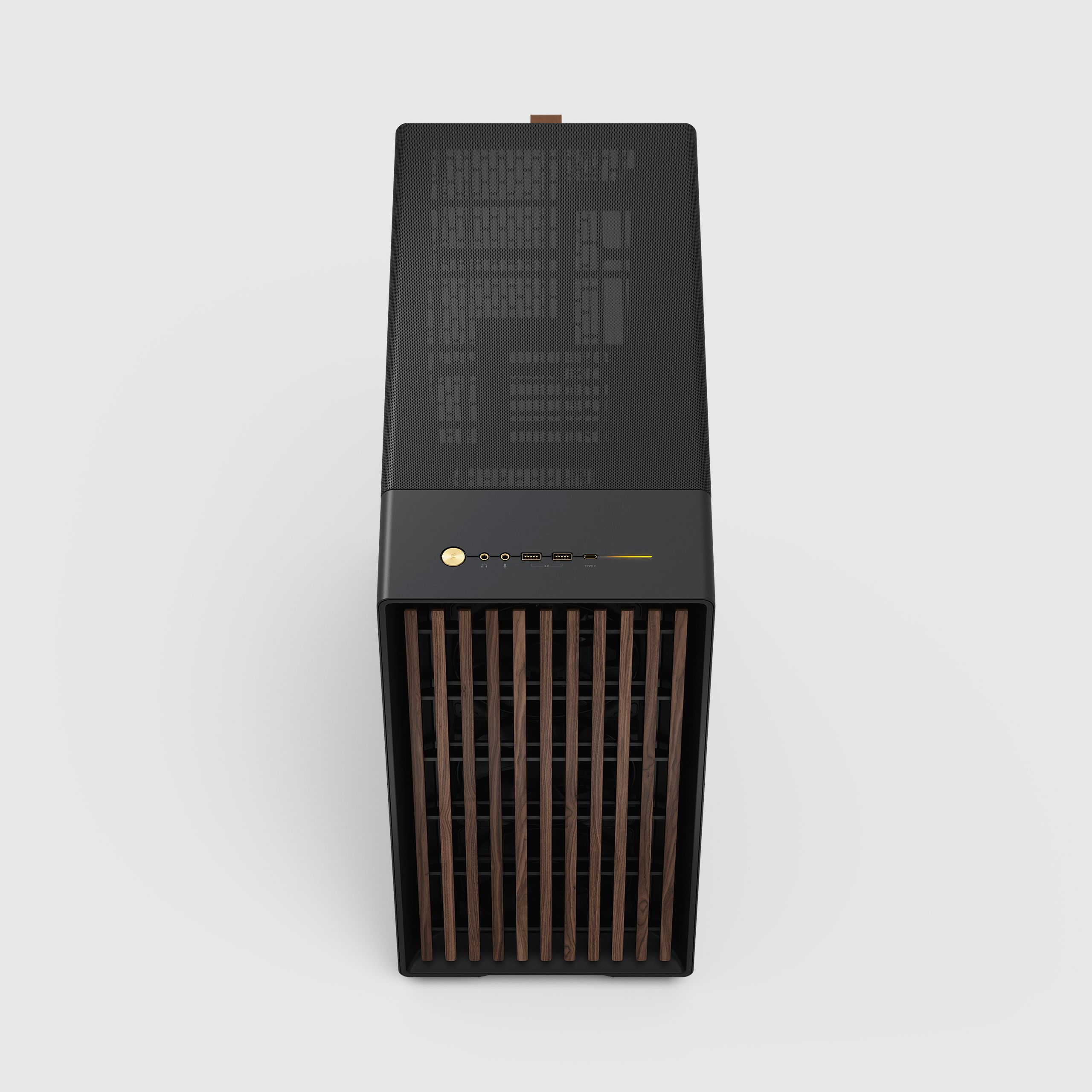 A black tower case with a wooden front panel and a top-down view, showcasing its design and ports.
