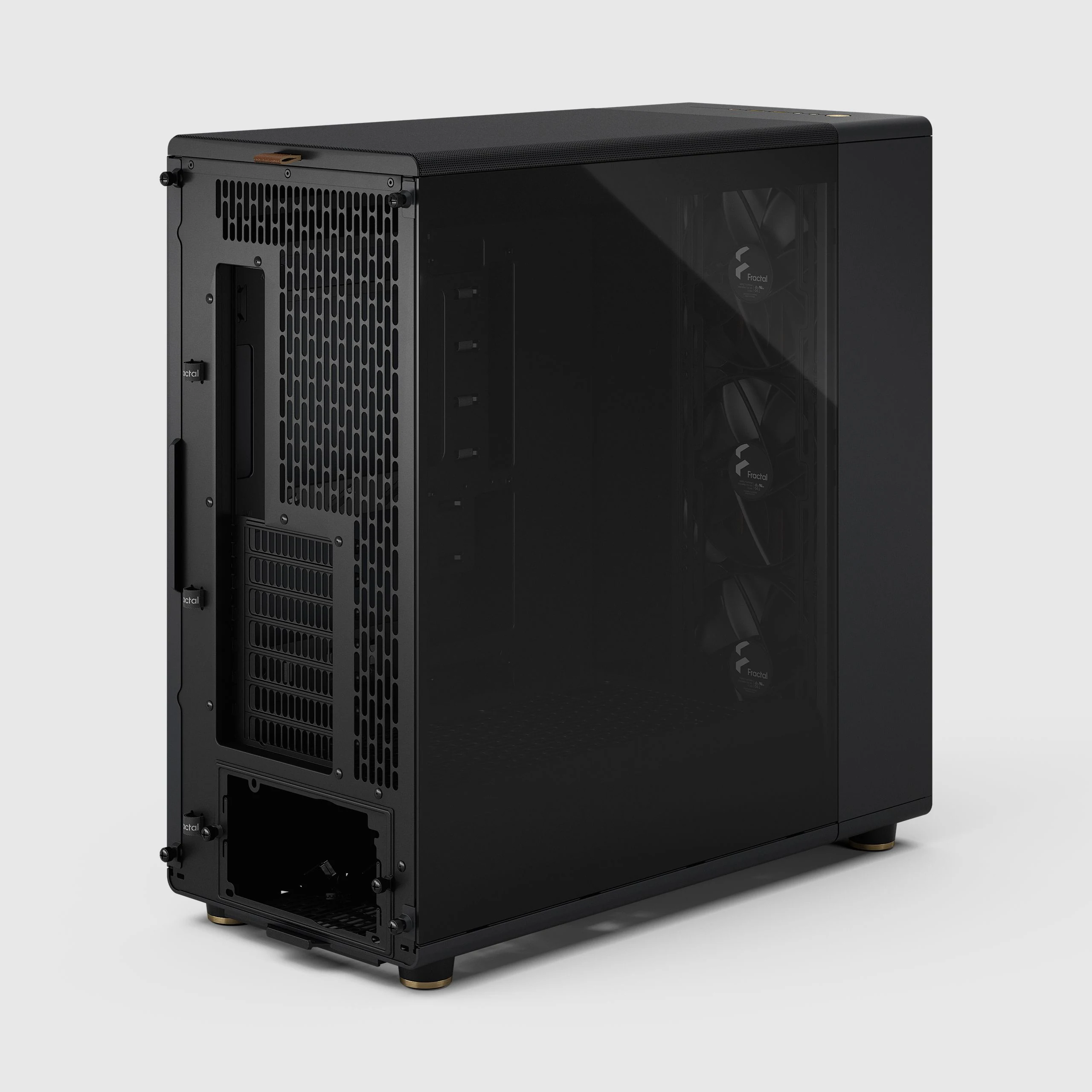 The Fractal Design North XL Charcoal Black TG Dark case is photographed from a rear view, showcasing its ventilation grills and back panel.