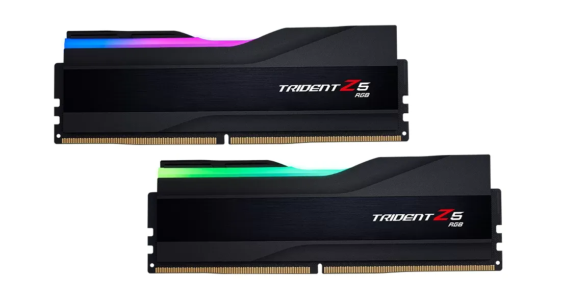 The image shows two black Trident Z5 RGB Series DDR5 memory modules with green lighting, positioned side by side.