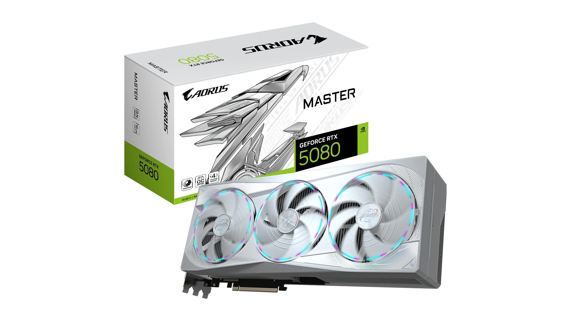 The image shows a white Gigabyte AORUS GeForce RTX 5080 Master ICE graphics card with three RGB-lit fans and its box in the background.