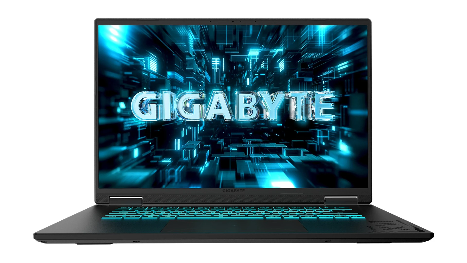 A black gaming laptop with a visible keyboard and trackpad, displayed in a three-quarter angle.