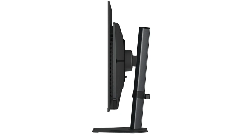 Side profile of the Gigabyte GO27Q32 showing the thin panel and the height-adjustable stand.