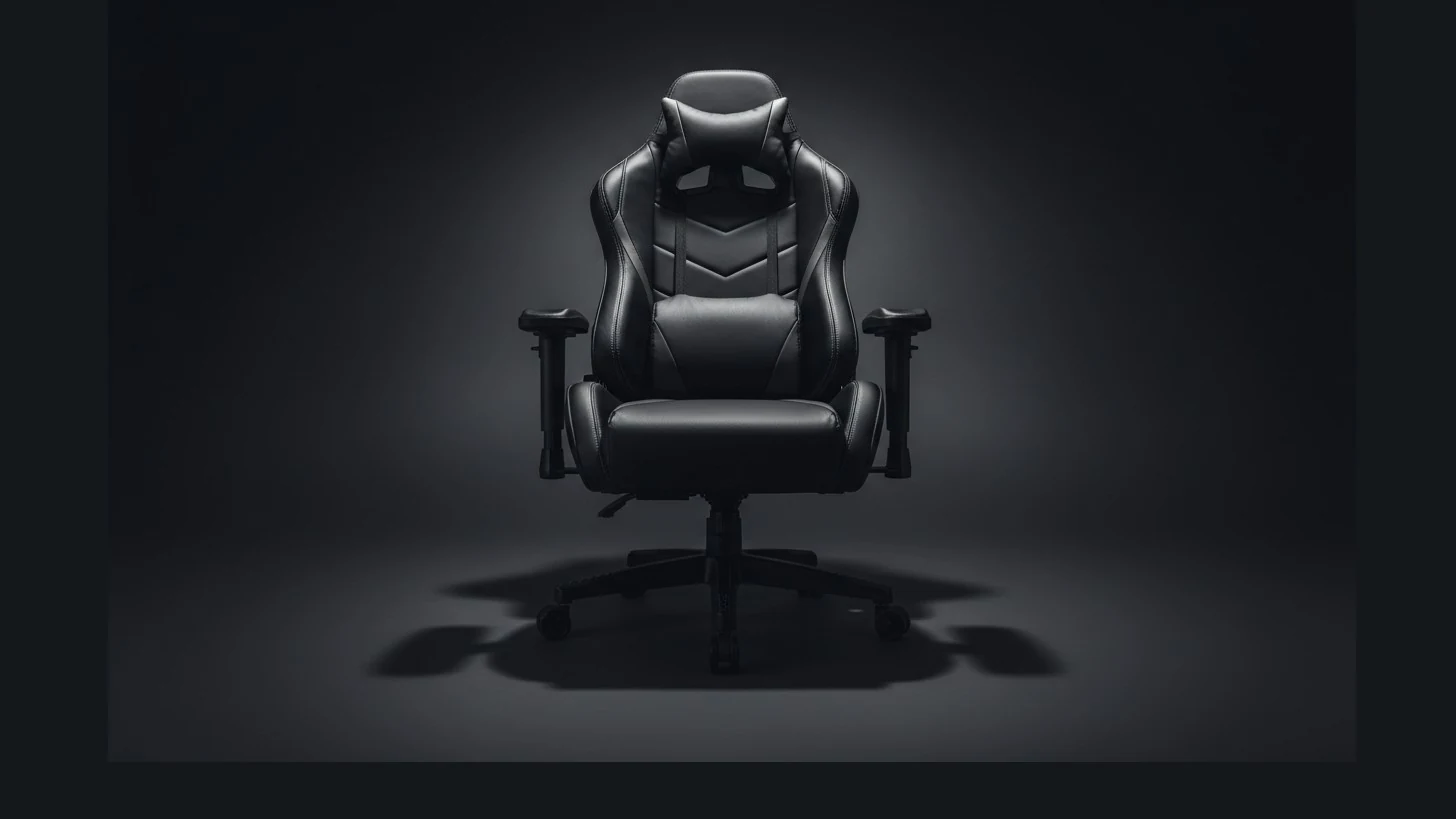 A black gaming chair with a high back and armrests, photographed from the front in a dark studio setting.