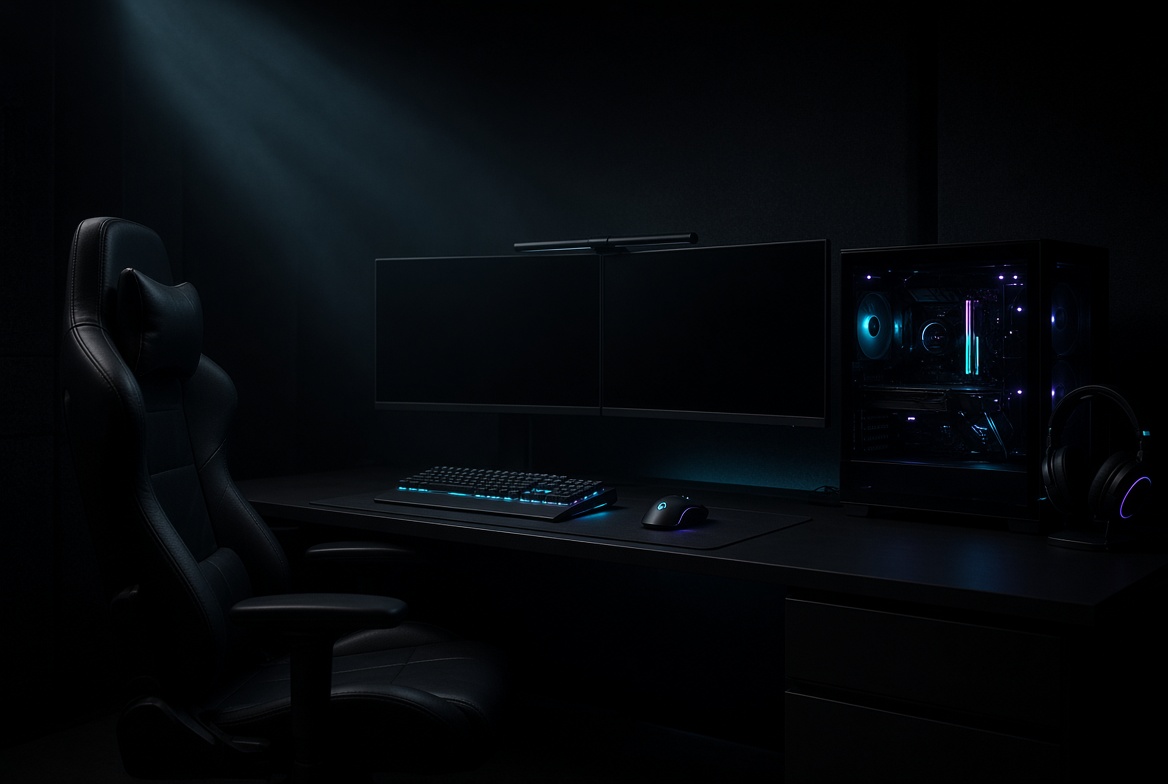 Gaming-Schreibtisch mit Monitor, Tastatur und Maus, beleuchtet im Dunkeln