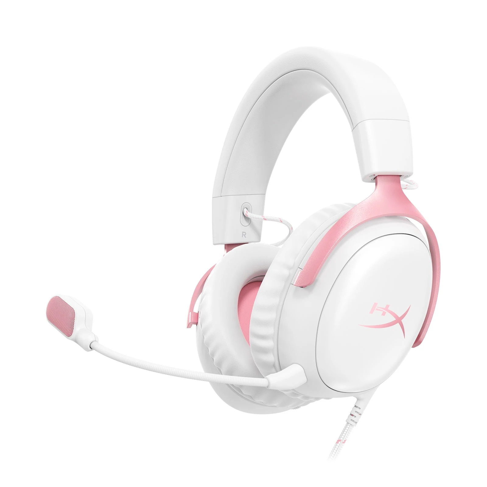 A white HyperX Cloud III headset with pink accents is shown in a side profile view.