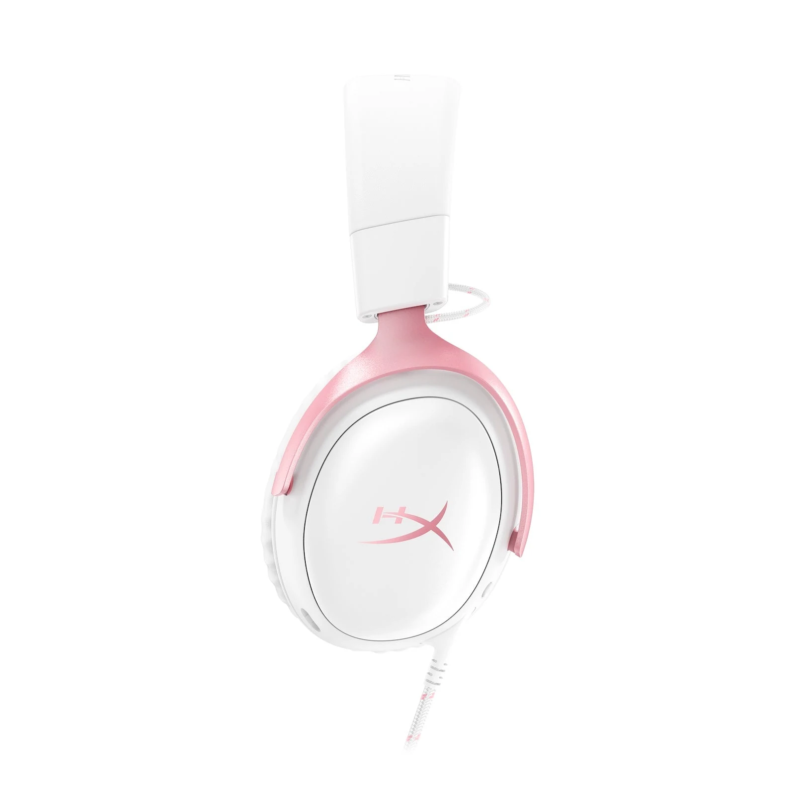 A white HyperX Cloud III headset with pink accents is shown in a side profile view.