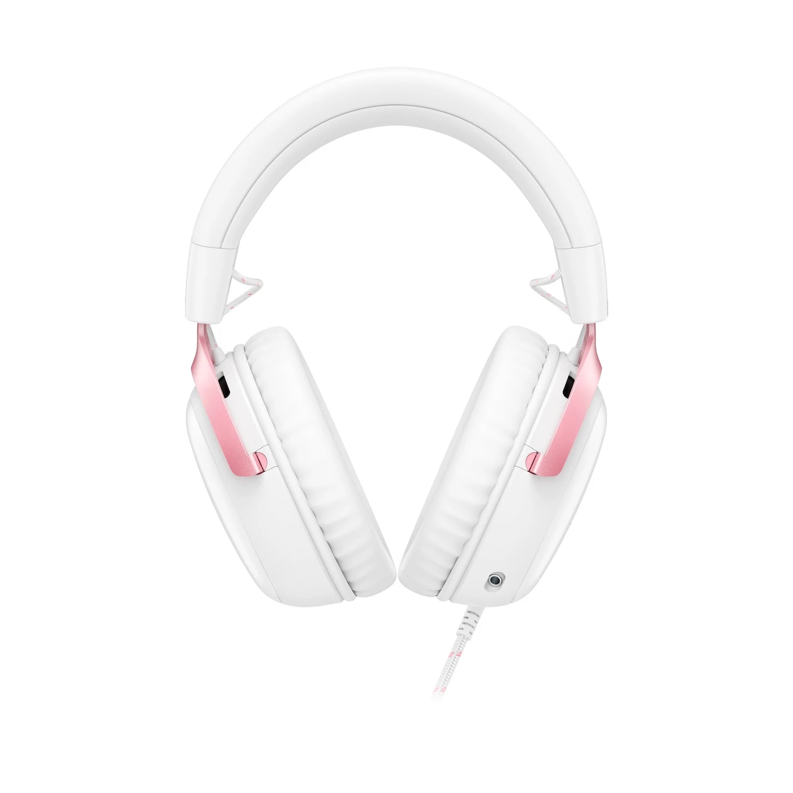 A white over-ear headset with pink accents is shown in a side profile view.