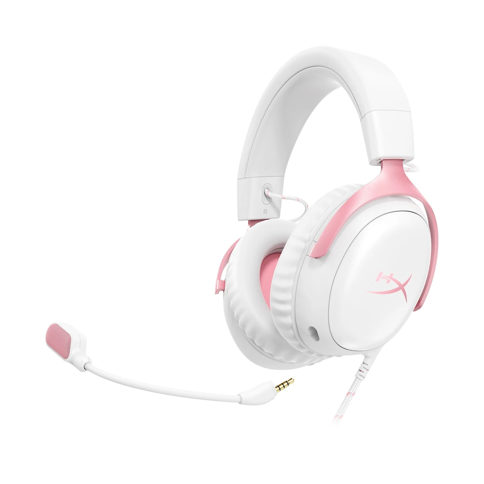 A white HyperX Cloud III headset with pink accents is shown in a three-quarter view.