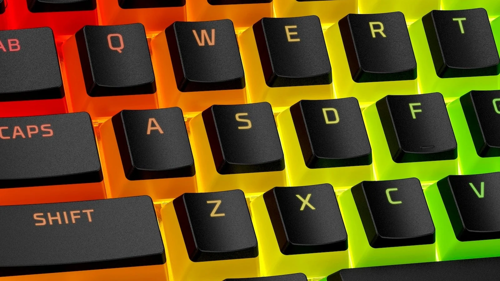 A close-up of a keyboard with translucent keycaps in various colors, including orange and green.