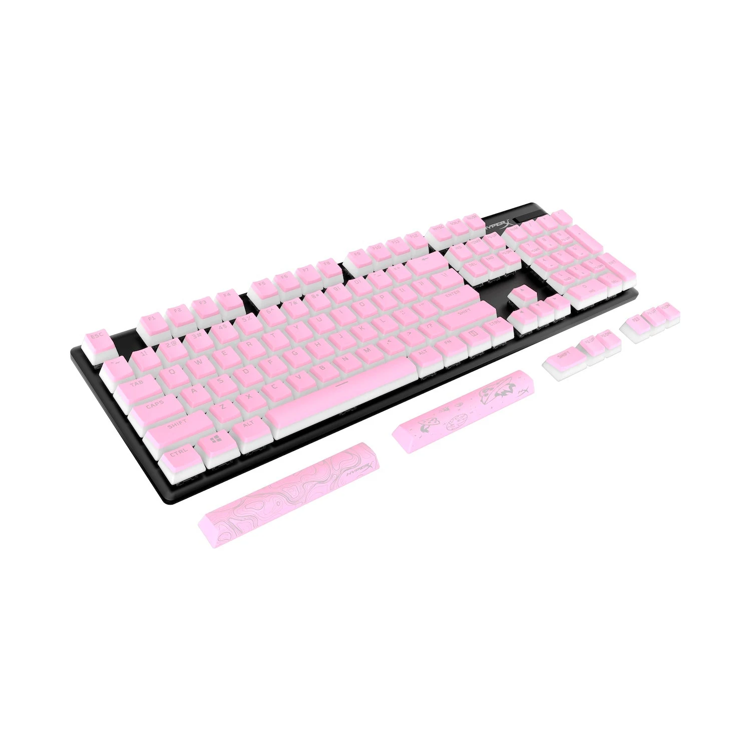 A top-down view of a keyboard with pink and white keycaps, featuring additional wrist rests.