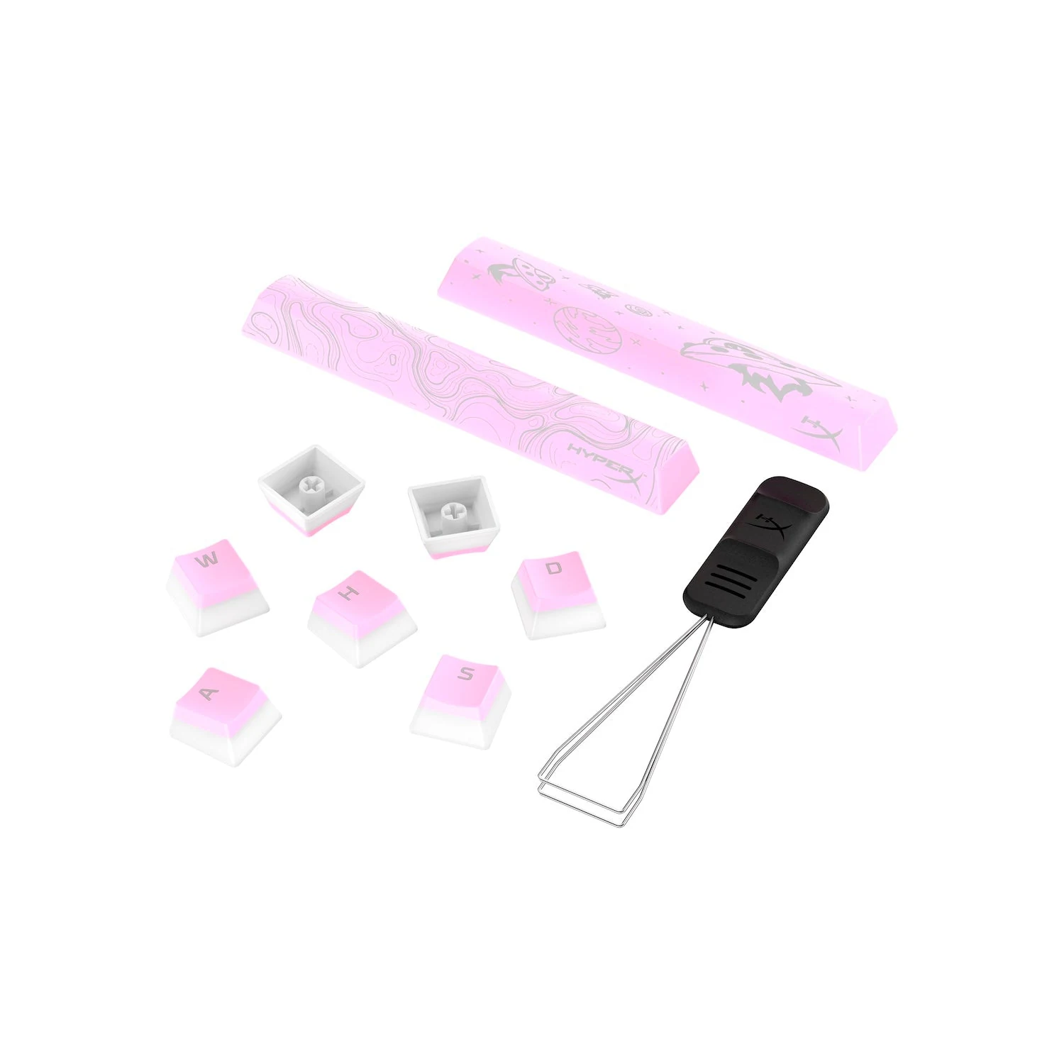 A set of pink and white keycaps with a screwdriver, placed on a white background.